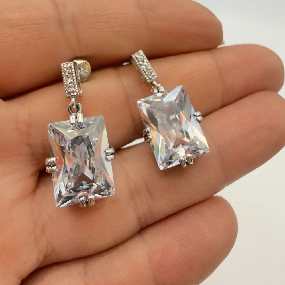 Vtg 925 STERLING SILVER Pierced Dangle Statement Earrings Rectangle CZ Signed N